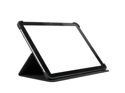 Modern tablet in protective stand case with dark screen display isolated on transparent background