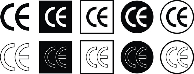 CE mark icon set in flat and line style. European Conformity certification, safety standard approval, product compliance and quality assurance vectors. EU for safety, health, environmental protection.