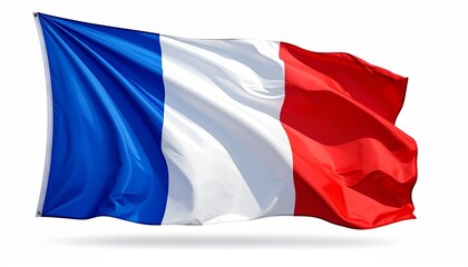 Waving French national flag with vertical blue, white, and red stripes, symbolizing liberty, equality, and fraternity.