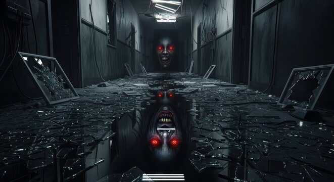 Hallway of shattered dreams, illuminated by a haunting presence casting a chilling gaze