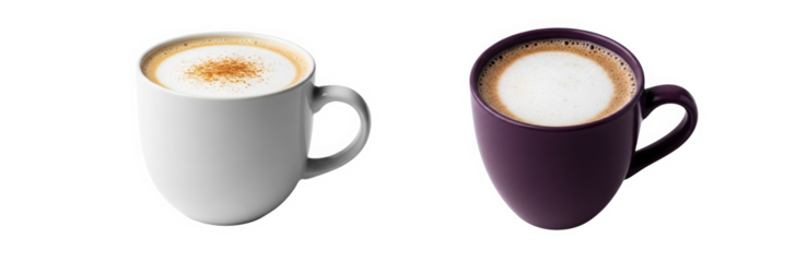Two coffee mugs, one white and one purple, side by side  