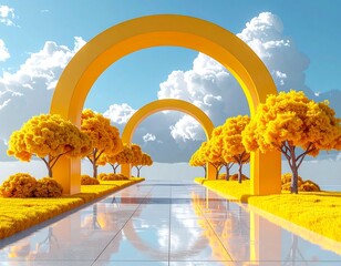 Colorful archway path through a yellow landscape