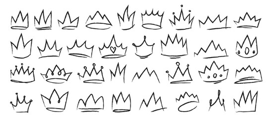 Hand drawn crowns set isolated on white background. Vector realistic illustration of royal power symbol, black doodle diadems for poster design, sketch line art, winner success sign, tiara shape icon
