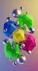 A vibrant display of colorful, geometric shapes and metallic spheres against a soft, gradient background.