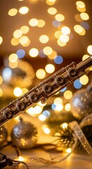 A gleaming flute rests amidst warm holiday lights and festive decorations, creating a beautiful and inviting winter scene.