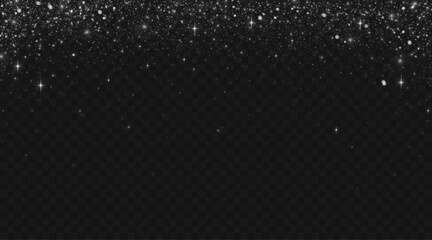 Silver glitter particles with shimmer effect on dark background for luxury or celebration design. Sparkling dust and bright stars scattered on gradient space. Elegant overlay for festive graphics.