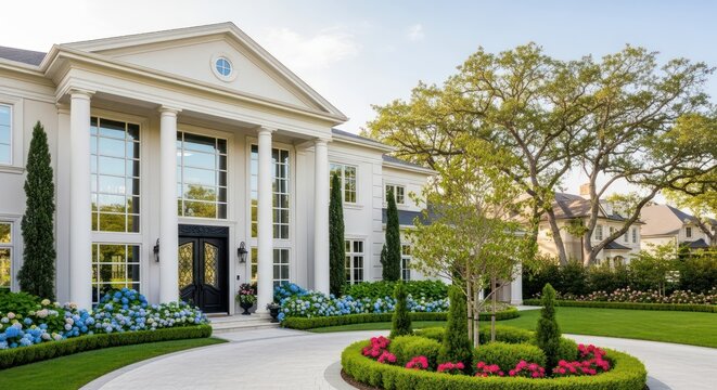 Exquisite classical mansion facade with manicured landscaping and elegant design elements