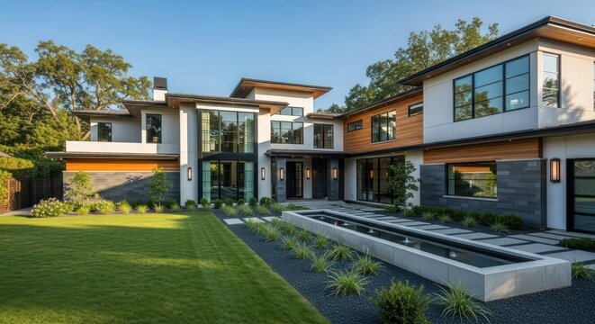 Architectural masterpiece showcasing modern design elements and lush landscaping creating