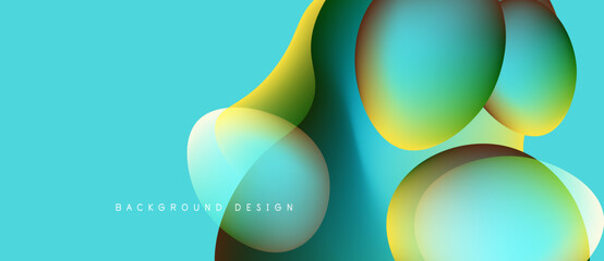 Abstract fluid shapes overlap, creating vibrant color gradients. Turquoise background enhances dynamic composition. Modern design element.