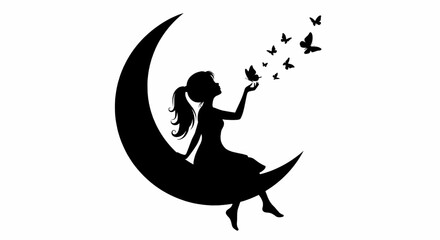 Silhouette of a girl sitting on a crescent moon, releasing butterflies.