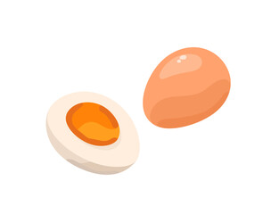 Half of boiled chicken egg with yolk and whole uncooked in brown eggshell. Icon of healthy food, natural source of protein, farm eating, organic product. Flat isolated vector illustration on white