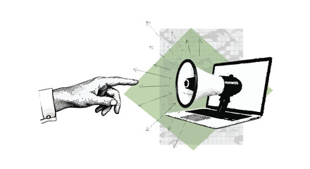 Pointing finger directs vibrant sound waves from laptop megaphone, amplifying digital marketing messages and communication strategies