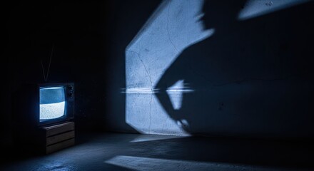 Eerie interplay of shadow and light in a dimly illuminated room featuring an old tv