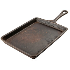 Old cast iron griddle with handle on white background isolated on a transparent background 1