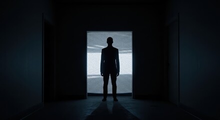 Fototapeta premium Silhouette of a person standing in a dark hallway with an enigmatic presence and mysterious ambiance