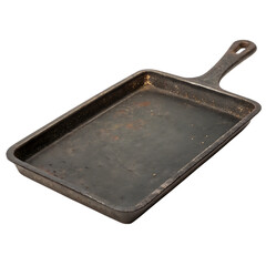 Old cast iron griddle with handle on white background isolated on a transparent background
