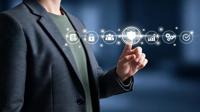 A businessman reaching to touch glowing circular policy documentation icons, policy documentation and compliance, terms and conditions, user agreement