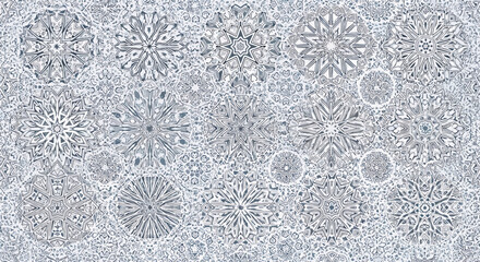 A sophisticated seamless pattern of various gray snowflakes on a light gray background, creating a subtle and modern winter design.