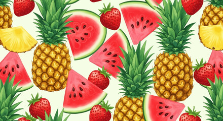 Vibrant summer fruits create a refreshing and colorful pattern with pineapples, strawberries, and watermelons perfect for cheerful designs and sunny vibes