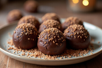 Chocolate truffles coated with nuts on a plate with wood background  