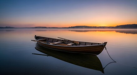 Naklejka premium Stunning sunrise paints the sky as a rowboat rests peacefully on the glassy lake, perfect for travel ads, nature blogs, or creating a serene mood