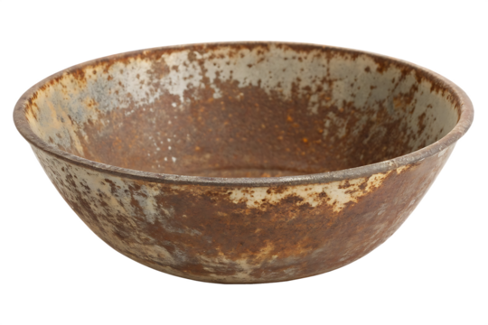 Old rusty metal bowl with peeling paint isolated on a transparent background vintage