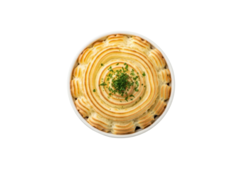Gourmet shepherd's pie in a transparent ceramic ramekin, intricately piped mashed potato crust, fresh parsley, no shadows on a transparent background, concept for gourmet food advertising