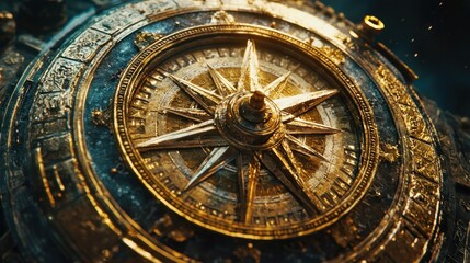 Obraz premium Antique Golden Compass Nautical Navigation Tool Close Up.