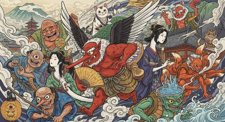 Obraz premium Vibrant Ukiyo-e style illustration of Japanese folklore with demons and spirits, perfect for adding a unique cultural touch to your project