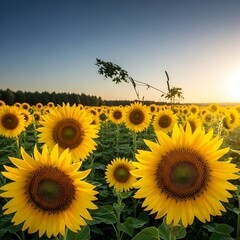 A vibrant field of sunflowers at dawn, bathed in warm golden light, showcases a vast expanse of blooming flowers under a serene blue sky.