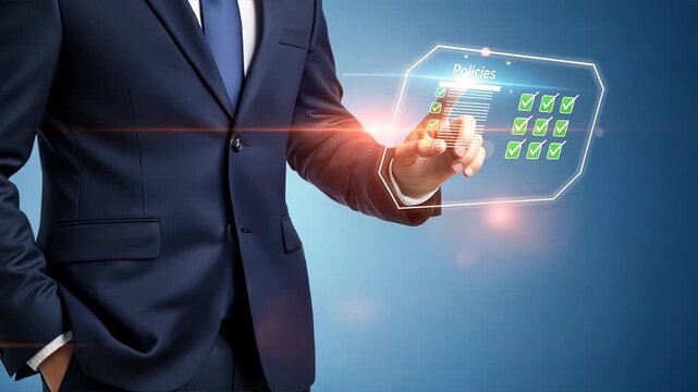 A businessman interacting with glowing floating policy documents in mid air, policy documentation and compliance, terms and conditions, user agreement