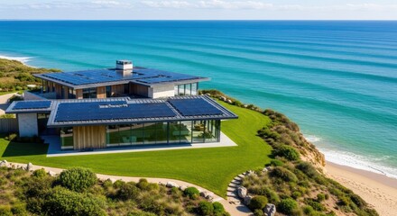 Coastal home with solar panels overlooking ocean vista from cliffside