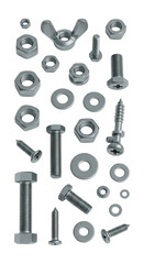 Assorted metallic fasteners in various shapes and sizes