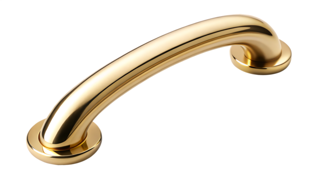 Polished golden curved handle with rounded ends isolated on a transparent background