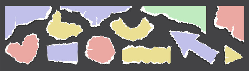 Obraz premium Ripped color paper pieces set isolated on black background. Vector realistic illustration of heart, arrow, round shape notes, torn edges of color notebook pages, patches for vintage collage design