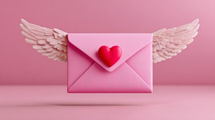 Pink envelope with a heart and wings on it