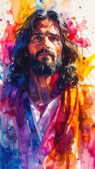 Watercolor Portrait of Jesus Christ with Vibrant Colors