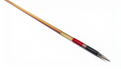 Fototapeta premium Slender fishing float with black, red, and gold gradient body, metallic tip, and long wooden shaft, designed for angling visibility and depth control.