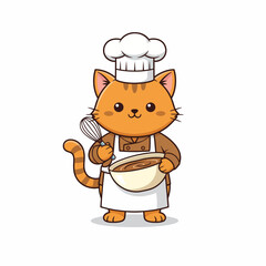 Cute cat chef with apron and hat holding whisk and mixing bowl vector