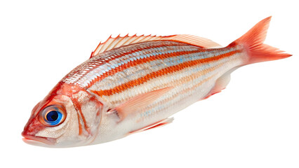Red and white striped fish with blue eye isolated on a transparent background seafood 2