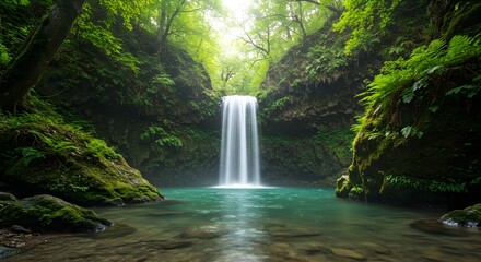Obraz premium Peaceful waterfall in lush green gorge