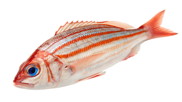 Red and white striped fish with blue eye isolated on a transparent background seafood 2
