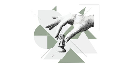 Strategic hand placing chess knight piece amidst abstract geometric shapes, symbolizing thoughtful planning and decisive action for business success. © Muflif