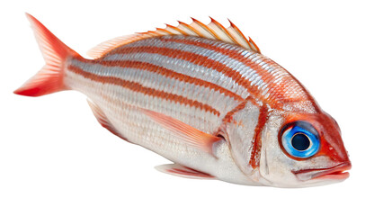 Red and white striped fish with blue eye isolated on a transparent background seafood