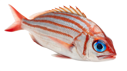 Red and white striped fish with blue eye isolated on a transparent background seafood