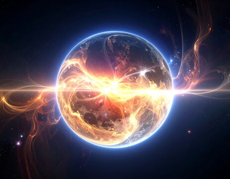 A vibrant, digital depiction of a planet engulfed in energy