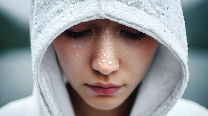 Obraz premium Sad Woman in White Clothes Wet in the Rain