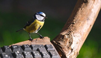 Obraz premium A blue tit perched on a keyboard