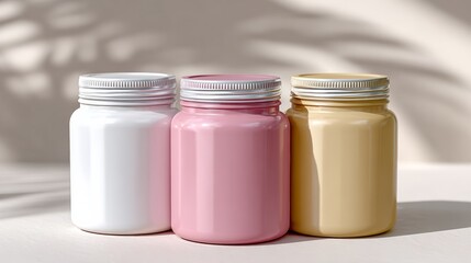 Three jars of different colors, one white, one pink, and one yellow
