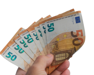 50 Euro Banknotes Folded in Hand. Hand Holding Euro Banknotes, Isolated.